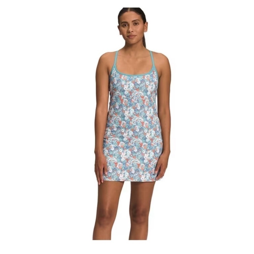 The North Face Floral Mini Dress in Light Blue with Coral Accents